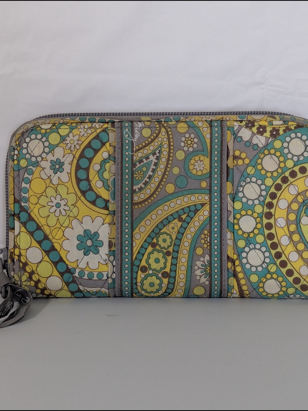 Vera Bradley Zip Around Wallet Paisley Floral Quilted Cotton Gray Yellow Blue - Picture 4 of 13